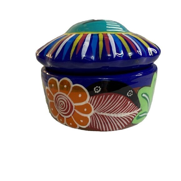 Isidoro Mexico Trinket Box Art Pottery Sun Face Had Painted Multicolor Glazed - Picture 7 of 8